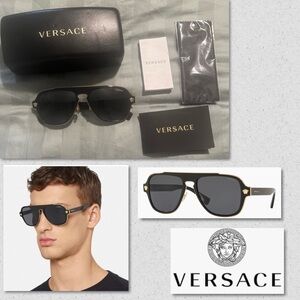Versace Men's Black and Gold Square Aviator Sunglasses